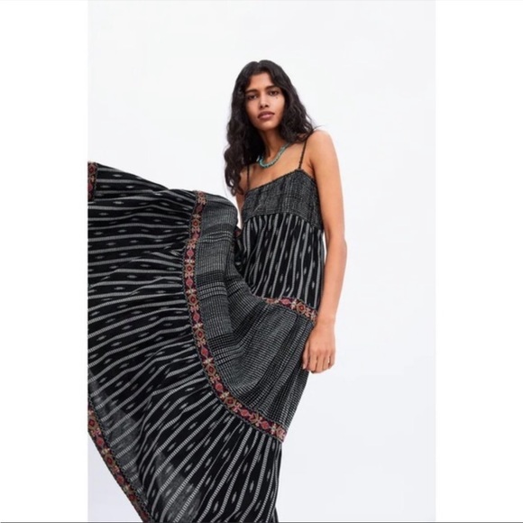 Zara Dresses & Skirts - ZARA Black Embroidered Beaded Boho Maxi Dress bohemian long medium square neck